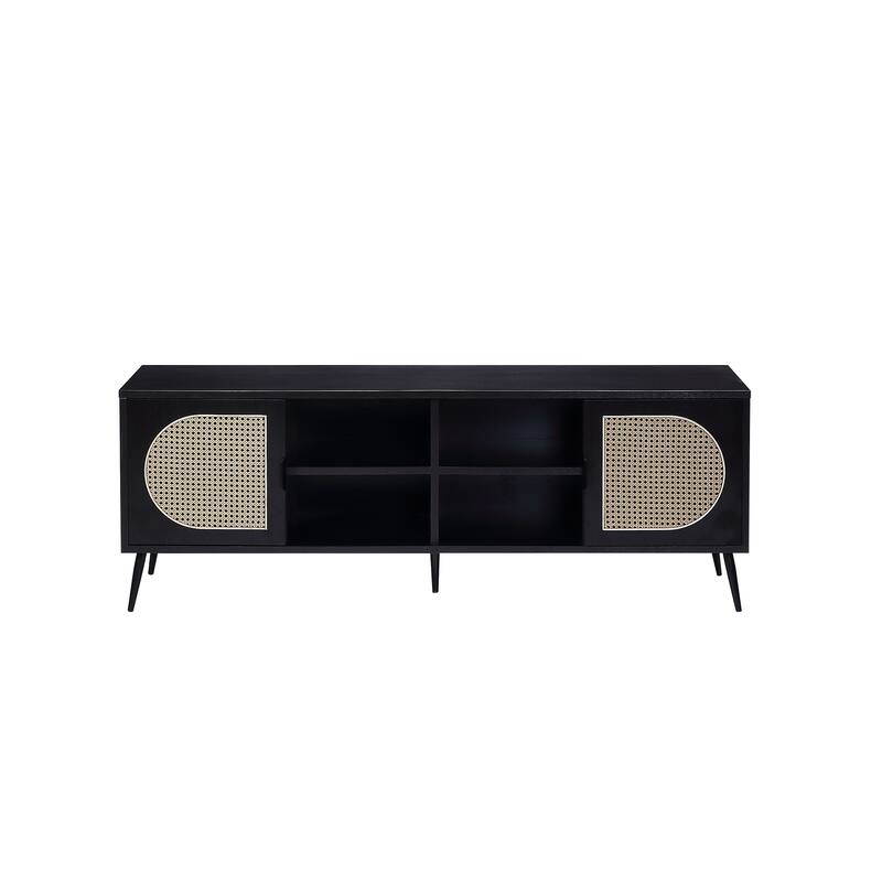 Transitional Black TV Stand with Rattan Door Inserts, 4 Open